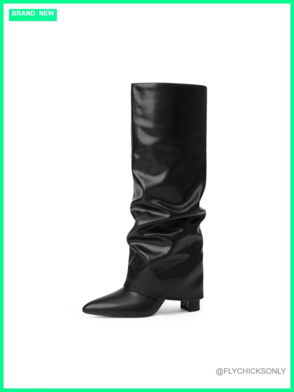 Knee High Fold Over Boots Chunky Heel Pointed Toe Zip Dress Tall Boots